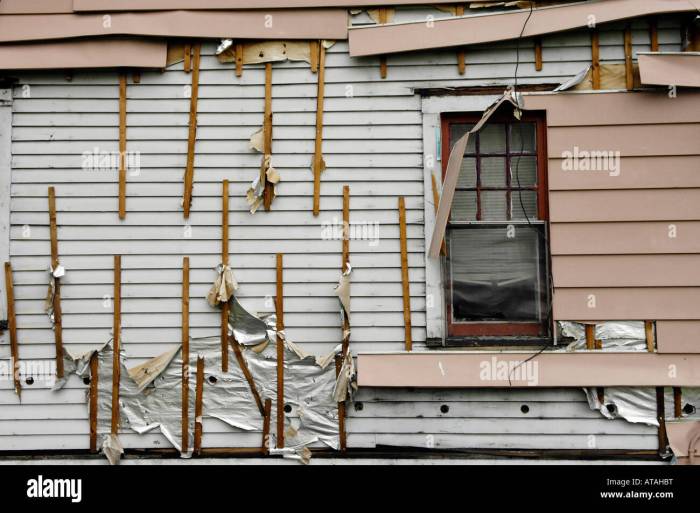 Detail of boarded-up home with missing siding Stock Photo - Alamy